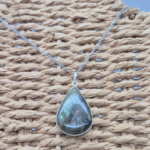 Labradorite Teardrop Necklace Silver 925 with Steel Chain new