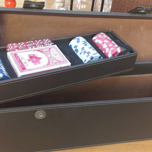 Leather bottle holder new with playing cards, dice and chips