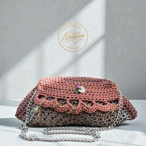 Handmade knitted shoulder bag new, gray and pink