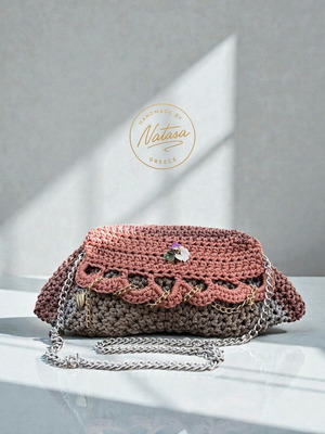 Handmade knitted shoulder bag new, gray and pink