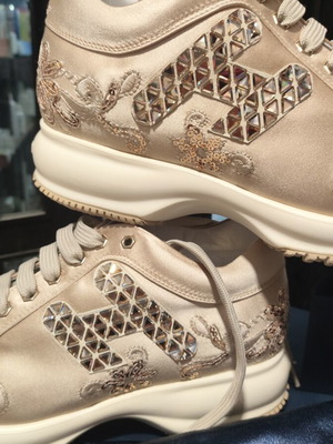 Hogan Atelier satin beige sneakers with embroidery, size 38.5
