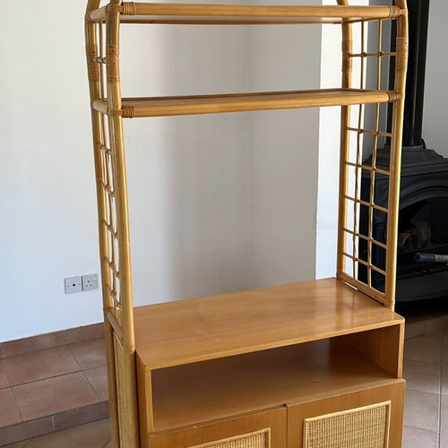 Rattan and wood display bookcase shelving unit used