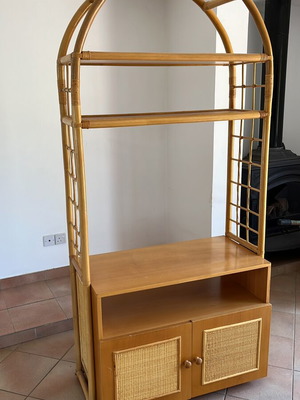 Rattan and wood display bookcase shelving unit used