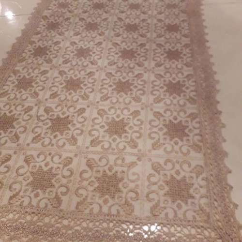 Table runner ecru with gold embroidery and lace edge like new
