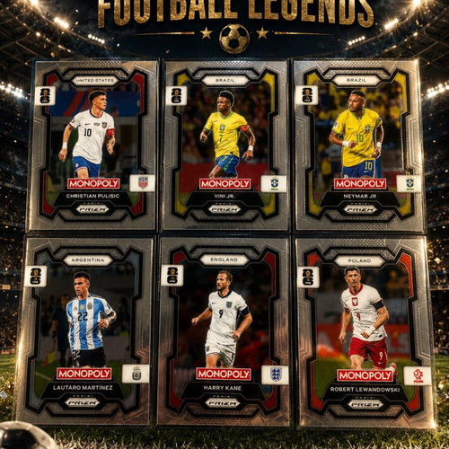 World Cup Football Legends card lot with Neymar, Vini Jr, Kane, Lewandowski, Lautaro, Pulisic