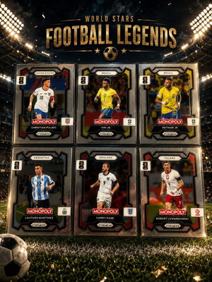 World Cup Football Legends card lot with Neymar, Vini Jr, Kane, Lewandowski, Lautaro, Pulisic