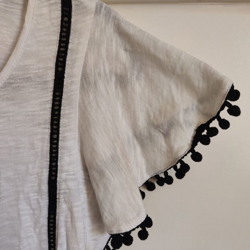 Regalinas White T-shirt with Black Pom Poms and Lace, like new, One Size