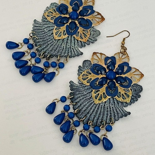 Statement Chandelier Earrings with Royal Blue Beads and Gold Embroidery