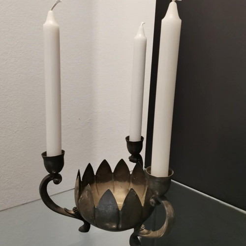 Vintage three-arm candlestick used, silver-plated metal