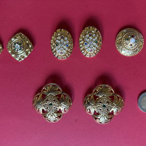 Vintage statement clip-on earrings set of 4, gold tone and crystals