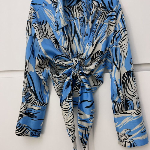 Zara blouse with front tie, blue multicolor, size M