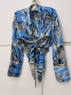 Zara blouse with front tie, blue multicolor, size M