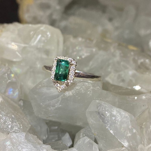 Silver ring with natural indicolite tourmaline and moissanite