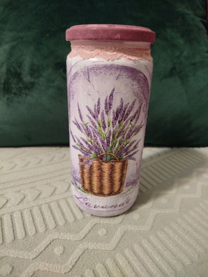 Glass vase decoupage like new, handmade with ribbon detail