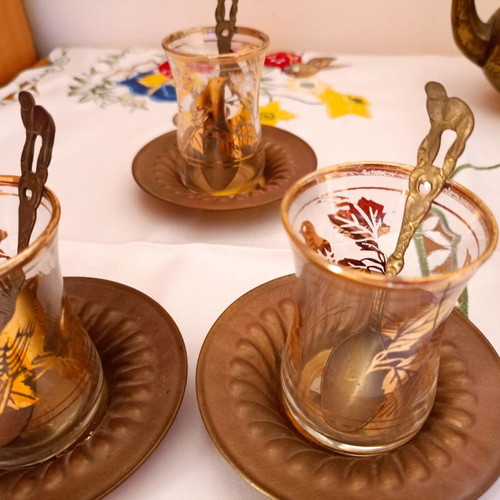 Vintage Turkish tea set with brass details and glass cups new
