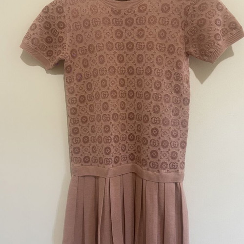 Gucci dress, warm pink wool with GG monogram and pleated skirt