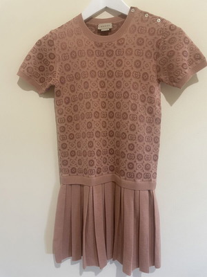 Gucci dress, warm pink wool with GG monogram and pleated skirt