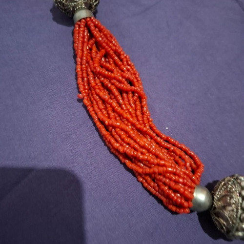 Necklace and bracelet vintage multi-strand set with coral like new, red and silver
