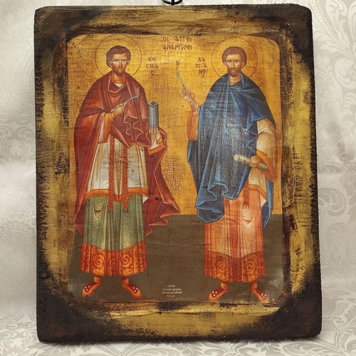 Handmade Orthodox icon of Saints Cosmas and Damian new