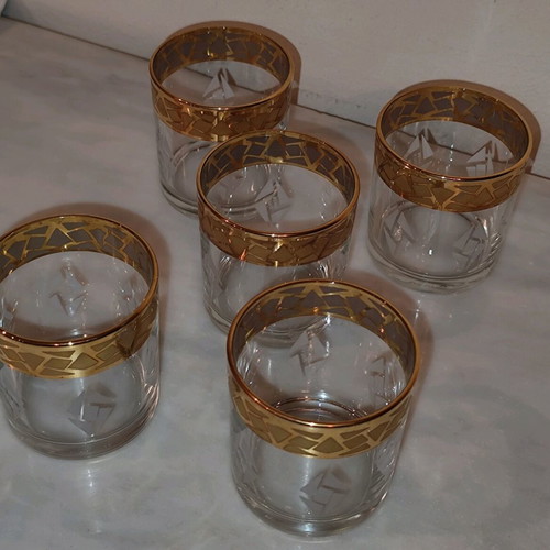 Whiskey or water glasses used, Italian made, gold decoration set of 5