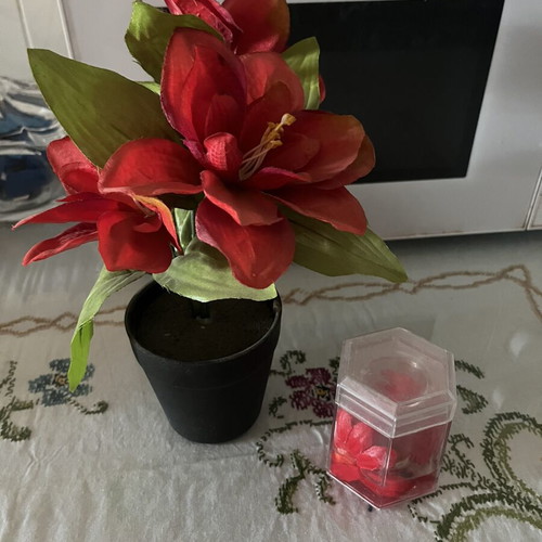 Decorative set with artificial red flower and vintage toothpick holder like new