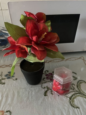Decorative set with artificial red flower and vintage toothpick holder like new