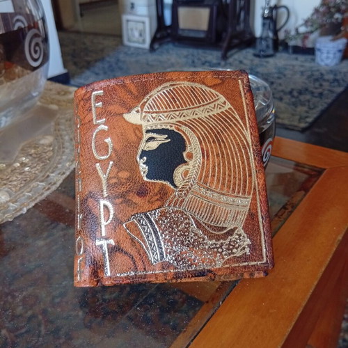 Handmade leather wallet with Egyptian design, like new, brown