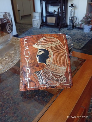 Handmade leather wallet with Egyptian design, like new, brown