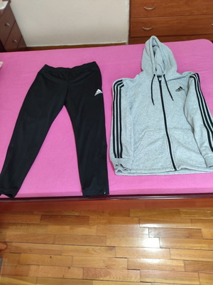 Adidas sportswear set Medium, black polyester pants and grey hoodie jacket