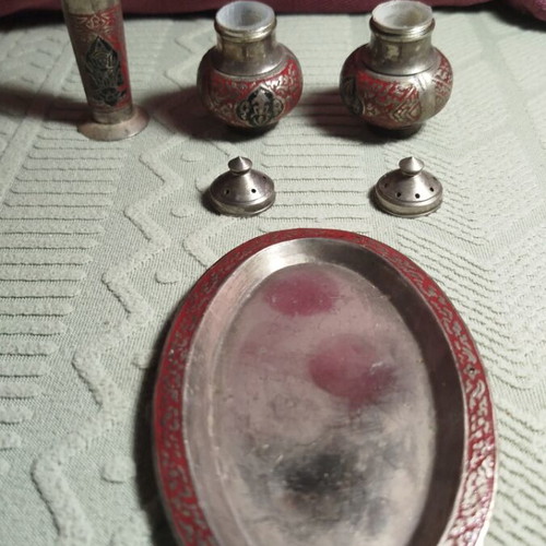 Salt and pepper set on tray with toothpick holder vintage enamel details