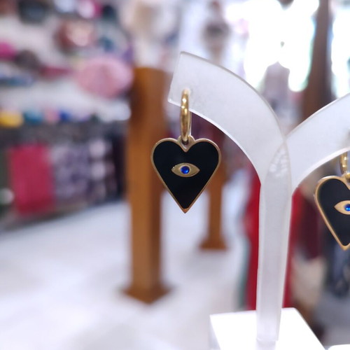 Steel Earrings with Black Heart and Eye New, Gold and Black