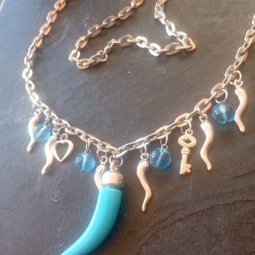Fashion jewelry necklace with turquoise Italian cornicello charm, like new