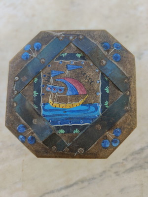 Wooden hexagonal box with handpainted vintage design
