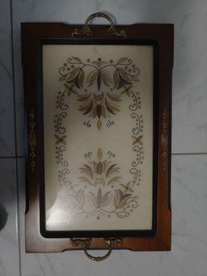 Vintage tray with embroidery and brass handles used