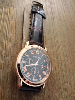 Men's watch new, stainless steel, brown strap