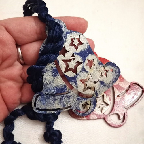 Wooden bell elements used, set of 2, blue and red with silver details