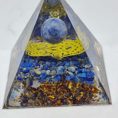 Orgonite pyramid with Lapis Lazuli, Sodalite and Hamsa hand like new