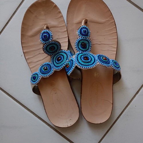 Beaded leather sandals used, size 38, blue and turquoise