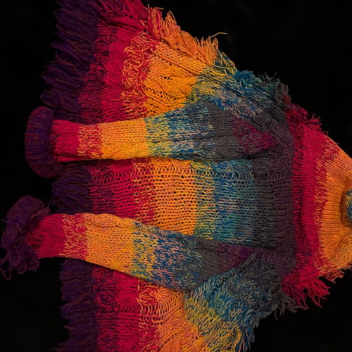 Handmade knitted cardigan rainbow hippie style with hood and fringes