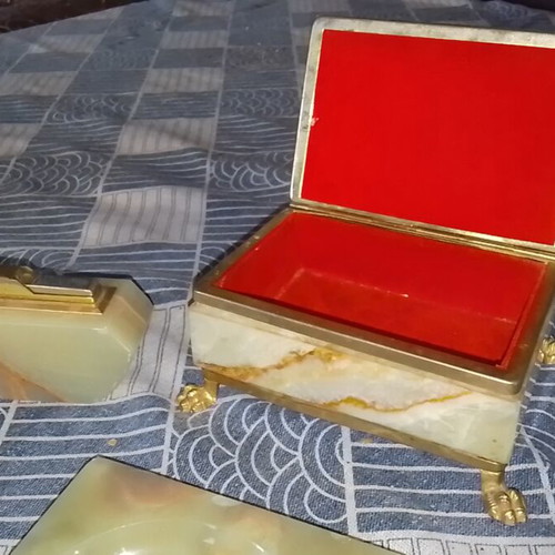 Vintage ashtray, lighter and jewelry box set from green onyx