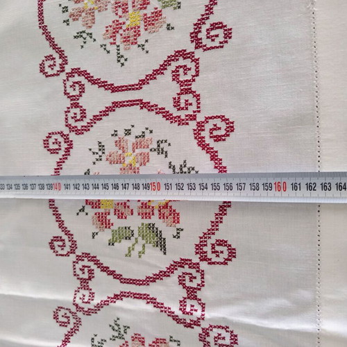 Handmade White Tablecloth 155x166 cm with Cross Stitch and Azur Finish
