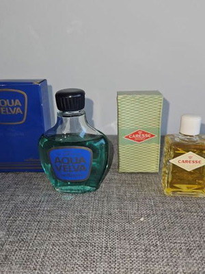 Vintage perfume bottle collection used, Aqua Velva and rare Caresse