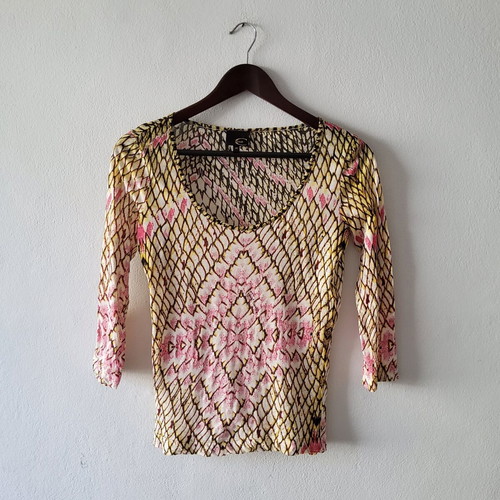 Just Cavalli vintage Y2K reptile print cotton mesh top, pink multicolor