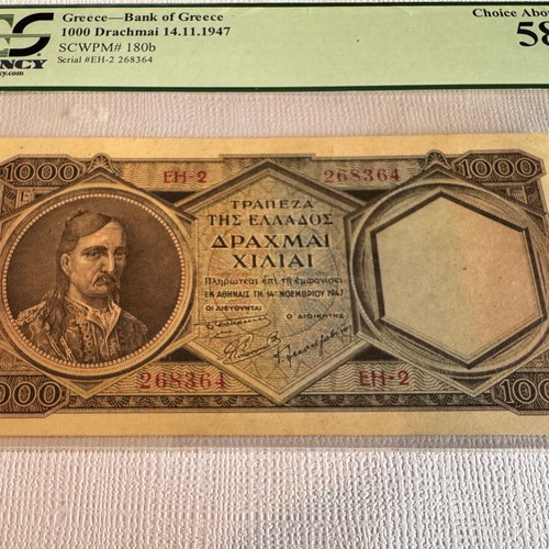 1000 Drachmai 1947 Greece banknote Choice About New 58, Kolokotronis