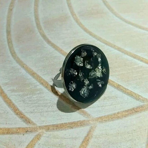 Handmade large adjustable steel ring with black resin and silver flakes