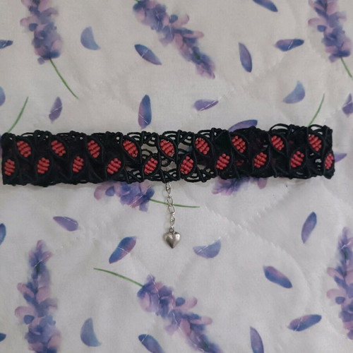 Handmade macrame choker new, black with red cherry leaves