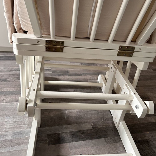 Rocking nursing chair like new, white wooden frame, beige fabric