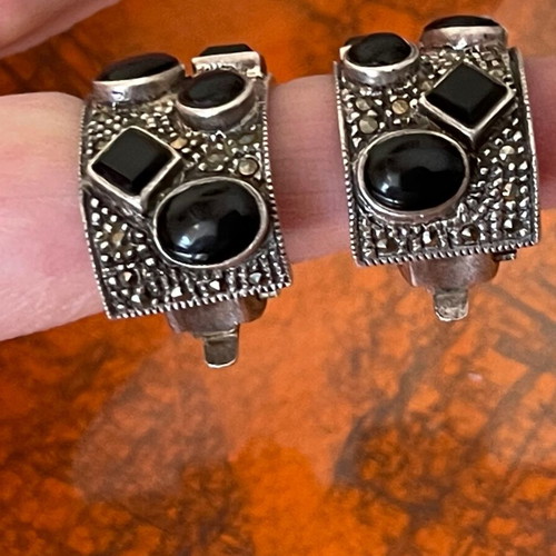 Large handmade silver vintage earrings 925 with agate like new, clip on