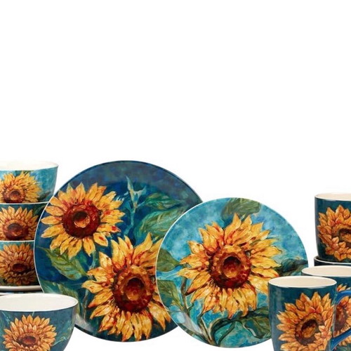 Set of 16 elegant sunflower plates and mugs