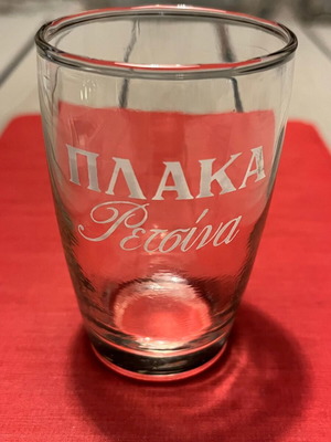 Small glass promotional ΡΕΤΣΙΝΑ ΠΛΑΚΑ glasses used, pack of 13